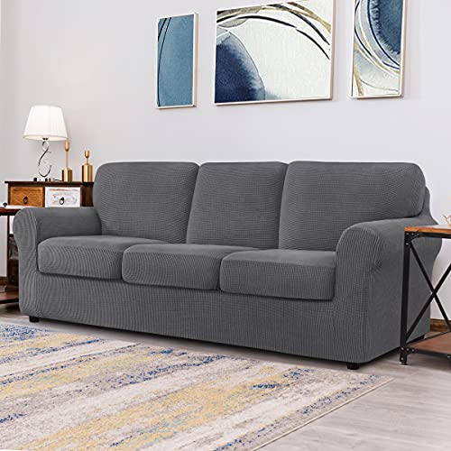 CHUN YI 7 Piece Stretch Sofa Cover, 3 Seater Slipcover with Three Separate Cushions and Backrests, Jacquard Spandex Fabric(3 Seater,Light Grey) - Image 3