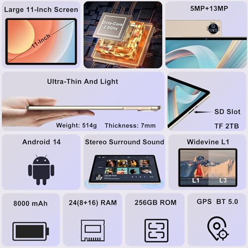 Image of 2026 11 inch Tablet, 24GB RAM+256GB ROM(2TB TF), Android 14 Tablets with 8000mAh Battery, (13+5) MP Camera, Supports Widevine L1, 5G WiFi, GPS, BT5.0, Tablet with Case -Gold