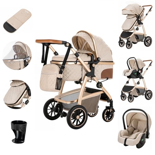 Zkiprm Cochecito 3 en 1 con asiento de coche para cochecitos y cochecitos, cochecito compacto, portátil, apoyabrazos ajustables, protección contra golpes, marco de aluminio, color blanco