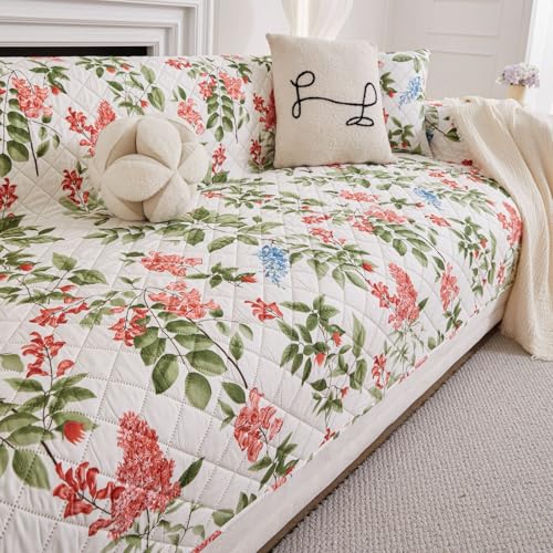 Image of HOMETHREADS Premium Style Anti Slip Sofa Cover Set | Cotton Sofa Slipcover | 1Pc Front Cover with Attached Armrest + 1Pc Back Cover (Leave Green Flower, 2 Seater | 120x185cm)