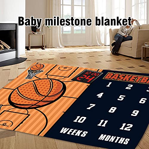 Image of Baby Monthly Milestone Blanket, Month Blanket for Newborn Baby Shower, Basketball Game Photography Background for Baby 60x40 inches BTLSLY111