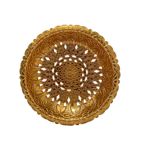 Image of SereneCorner Exquisite Golden Round Serving Tray, Multipurpose and Decorative with Sturdy Built Intricate Design, Home Use, Perfect for Gifting, Weddings, and Festive Celebrations, Gold