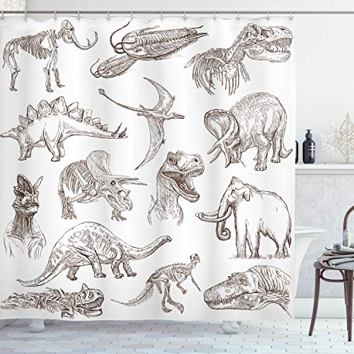 Image of Ambesonne Jurassic Shower Curtain, Arrangement of Various Dinosaurs Illustrations Skeleton Biology Historic, Cloth Fabric Bathroom Decor Set with Hooks, 69" W x 70" L, Dark Brown