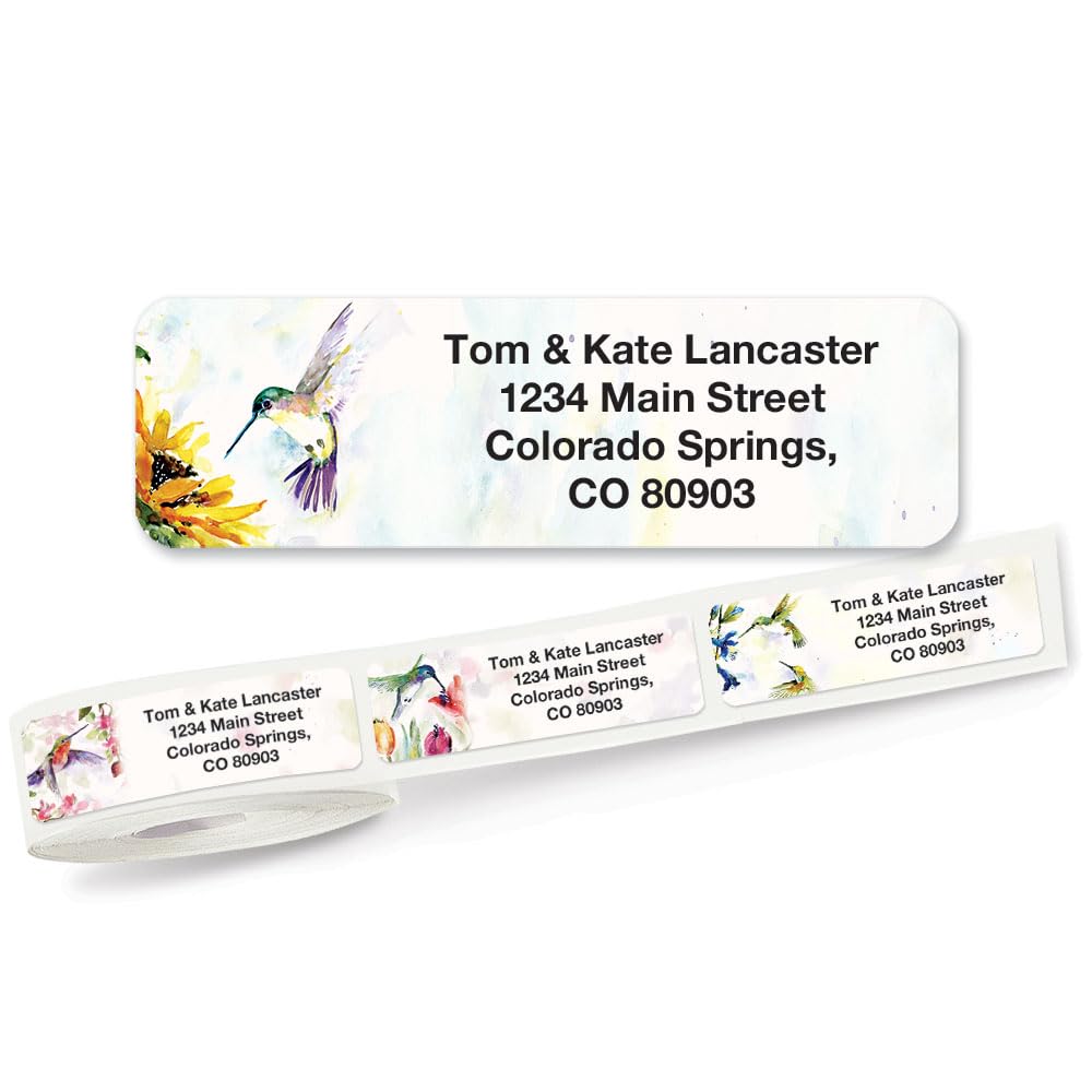 Colorful Images Fluttering Hummingbirds Rolled Personalized Return Address Mailing Labels with Dispenser, Customize with Name & Shipping Address, 500