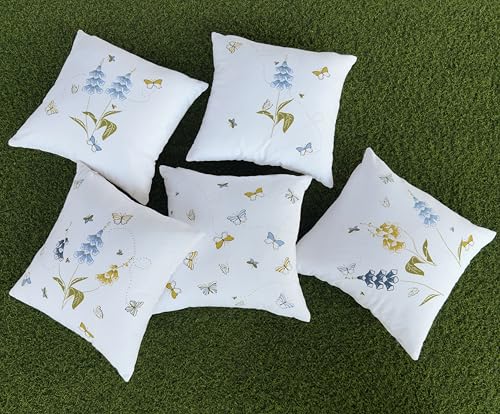 Image of Tranquebar Curtain Co.Butterfly & Floral Printed Canvas Cotton Cushion Covers (Titli-Blue) Set of 5-16 inch x 16 inch