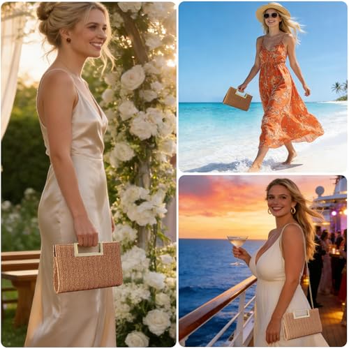 Image of Women's Straw Raffia Clutch Purse, Top Handle Woven Handbag with Crossbody Strap, Summer Beach Shoulder Bag