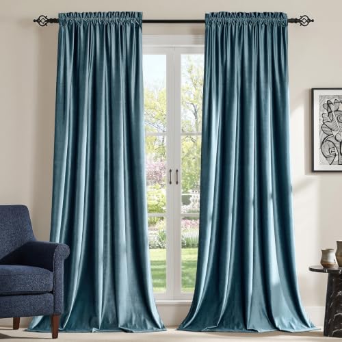 PRIMROSE Velvet Blackout Curtains Stone Blue Color for Thermal Living Room 84 inch Length Decorative Window Drapes for Bedroom Darkening Set of 2 Panels