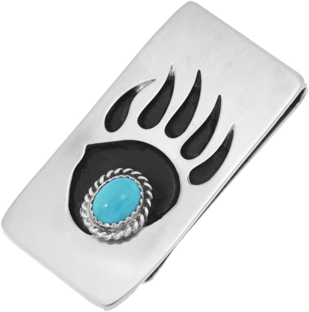 Alltribes Native American Blue Kingman Turquoise Silver Money Clip Bear Paw Shadowbox Design on German Silver Clamp 2285