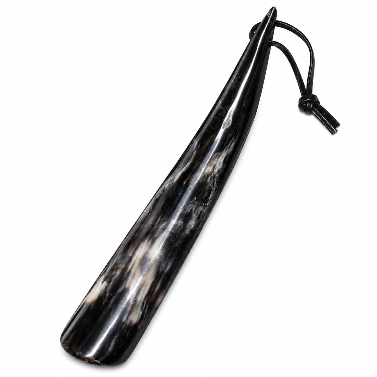 Handgefertigter Schuhlöffel mit Lederriemen – Größe von 33 cm lang, gut verspiegeltes Glas, hergestellt aus originalen Hörnern, unzerbrechlich, Braun-Schwarz-Mischung, X-Large
