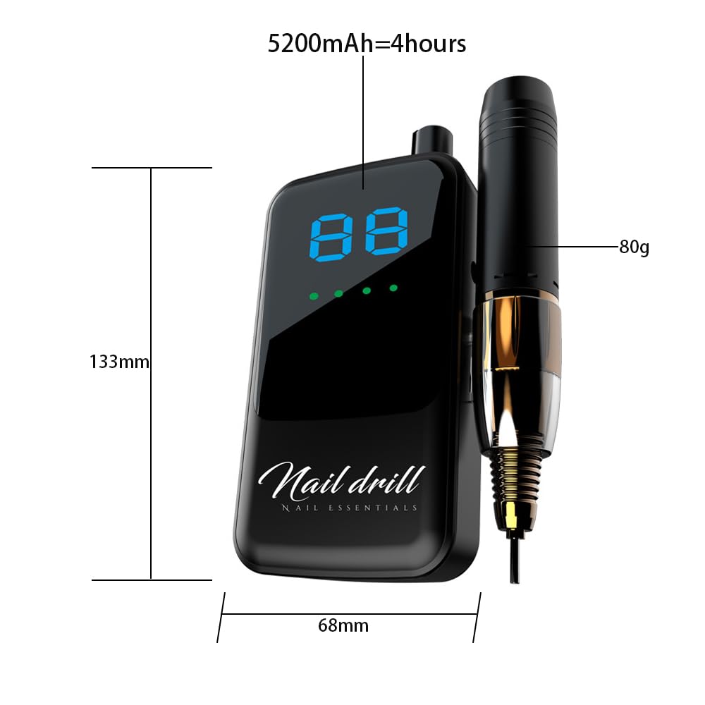 Nagelfräser, Nagelbohrmaschine Mit 35.000 U/min, Wiederaufladbarer Elektrischer Nagelpolierer, Tragbarer Nagelschleifer LCD-Display, Professionelle Maniküremaschine(Noir)