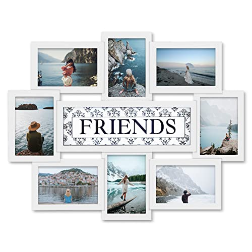 HELLO LAURA - Photo Frame Classic Reunion 8 Opening 17' x 22' Wall Hanging Picture Frame Friends Theme 6' x 4' Photo Sockets x 8 White Edge | Gallery Style Childhood Best Friends Memories Gift