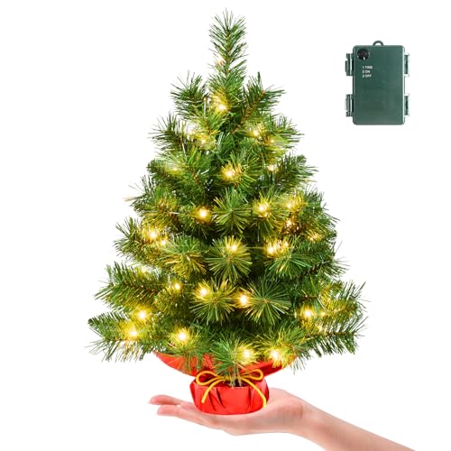 Pre-lit 2ft Small Christmas Tree, Leeheeyee Artificial mini Christmas Tree with 50 LED Lights, Battery Operated Tabletop Xmas Tree with Burlap Base for Table Desk Home Christmas Decor