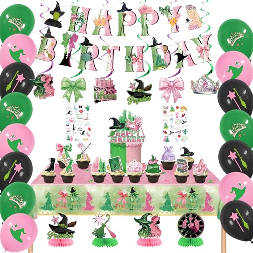 Wicked Birthday Decorations Pink Green Birthday Banner Tablecloth Cake Toppers Hanging Swirls Table Centerpieces Temporary Tattoos Balloons for Girls Witch Birthday Party Supplies Decor