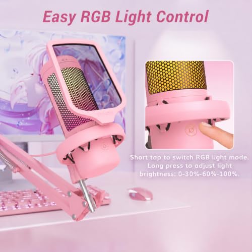 Image of TONOR Gaming Microphone Set, Vocal Condenser Mic fop PC Gamers with RGB | Boom Arm Set, USB Mic with Controllable Light, One Tap Mute, Volume Control, for Discord, Twitch Streaming, Pink, TC310+