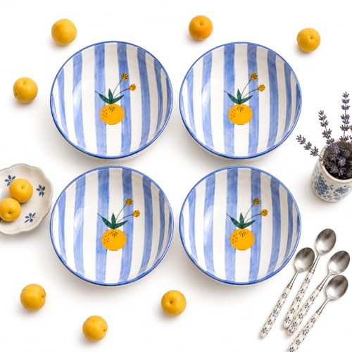 Image of Ceramic Snack Bowl Set for Serving, Dessert & Fruits | Multipurpose Kitchen Bowls Set | Premium Aesthetic Small Serving Bowls | Blue & White | Pack of 4 | 700ml