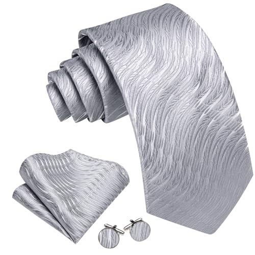 Image of Barry.Wang Man Stripe Ties Set Silk Woven Pocket Square Necktie Cufflinks Formal Party Business