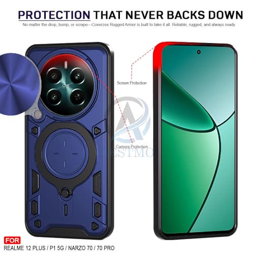 Image of AESTMO Armor Compatible with Realme 12 Plus / P1 / Narzo 70 /70 Pro 5G Bumper Back Case Cover | Ring Holder & CD Pattern Sliding Camera Shutter Cover | 360 Degree Protection Back Case Cover (Black)