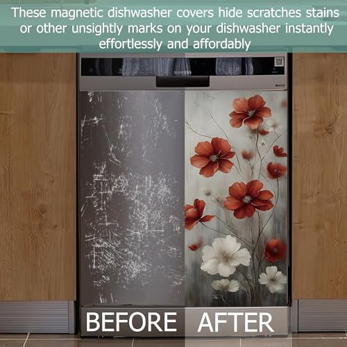 Image of Vintage Red Flowers Refrigerator Magnet Cover,White Butterflies Washable Dishwasher Magnets Decorative Cover,Home Kitchen Decorative Dishwasher Front Panel Cover 23x26 Inch