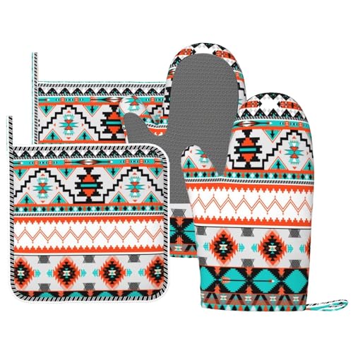 DONMYER Ethnic Aztec Print Oven Mitts and Pot Holders 4 pcs Set Silicone Native American Kitchen Oven Mitt Gloves Retro Tribal Navajo Pot Holders Non-Slip Heat Resistant Cooking Mitts Set for Kitchen