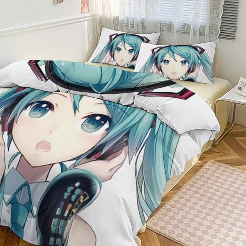 初音ミク アニメ キャラクター 掛け布団カバー 3点セット ツイン寝具 ジッパー開閉 マイクロファイバー100% かわいい 速乾 通気 抗菌 防臭 防ダニ 掛け布団カバー1枚 + 枕カバー2枚 スリーピースベッドカバー 79"x90"