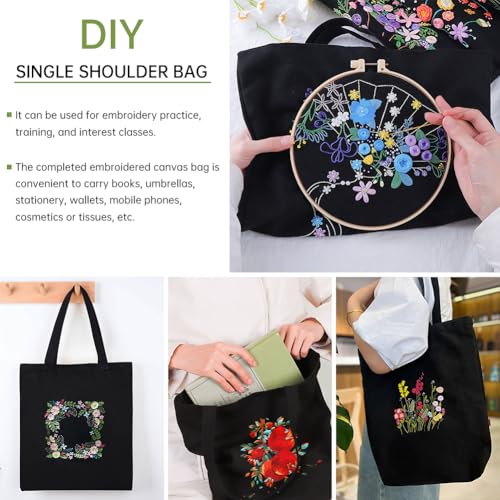 Image of Eforcase Canvas Handbag Embroidery Kit, Flower Embroidery DIY Craft Floral Tote Bag Beginner Kit Include Hoops Color Threads Needle, DIY Sewing Stamped Set