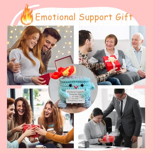 Image of RovyFota Emotional Support Crochet Dumpster Fire with Positive Card Cute Room Decor Knitted Toys Funny Crochet Support Buddies Gifts for Friends (Blue)
