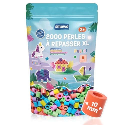 Smowo® Lot de 2000 grandes perles à repasser de 10 mm pour enfants à partir de 3 ans - 6 couleurs pastel XL - Lot de perles créatives…