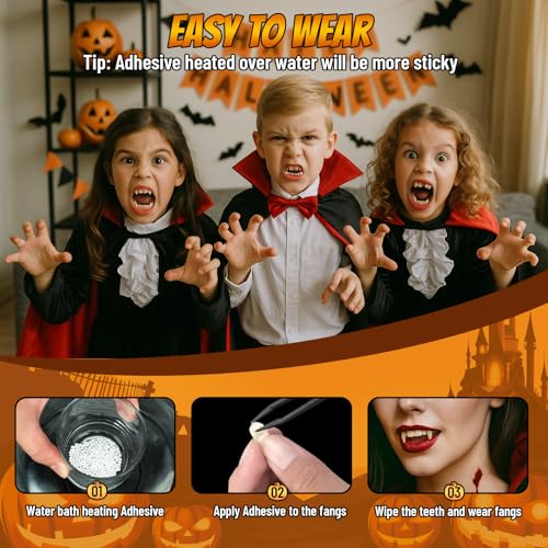 Vampire Teeth Fangs for Adults – 4 Pairs Halloween Vampire Fangs for Cosplay with Adhesive, Costume Makeup Accessories for Men & Women Halloween Party4
