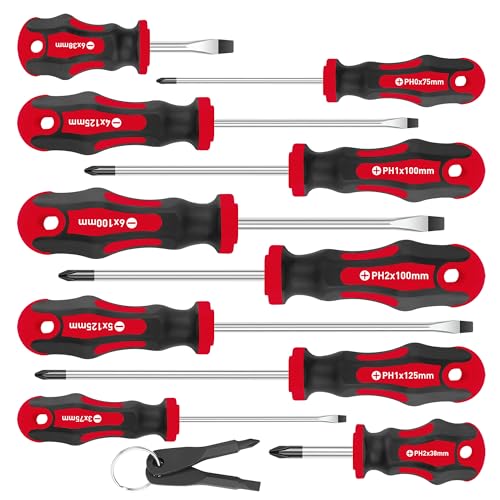 Image of Amartisan 10-Piece Magnetic Screwdrivers Set, 5 Phillips and 5 Slotted Tips Professional Cushion Grip Screwdriver Set 2pcs Portable Multifunction Key Mini Screwdriver (Red)