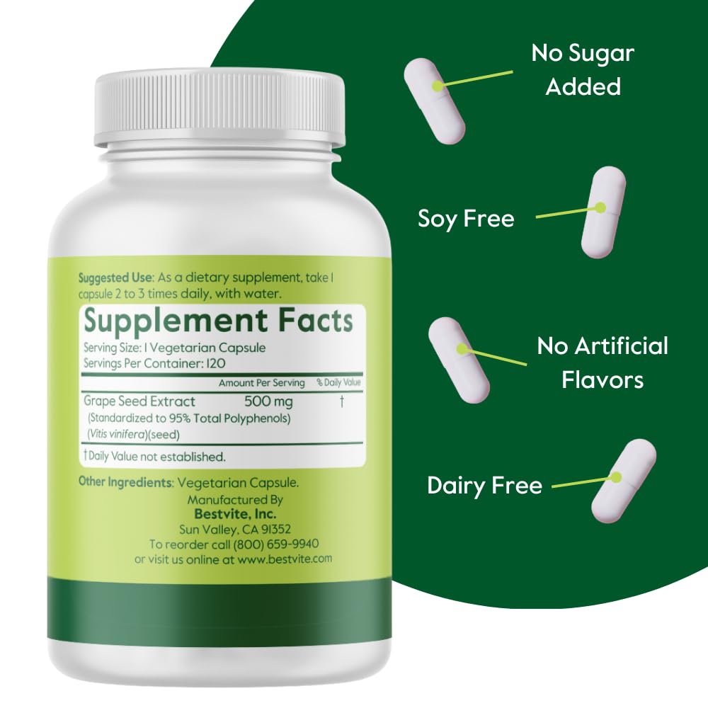 BESTVITE Grape Seed Standardized Extract 500mg (120 Veg Caps) - No Fillers — Amazon image 3