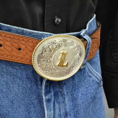 Image of Montana Silversmiths Initial Engraved Gold Trim Western Belt Buckle