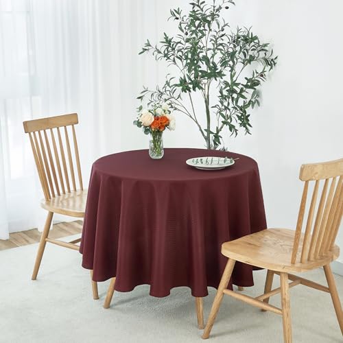 Image of maxmill Round Weaved Texture Design Tablecloth Spill-Proof Wrinkle Free Soft Washable Table Cloth for Circular Table Cover, for Dining Room Buffet Banquet Parties Holiday Dinner, 90 Inch Burgundy