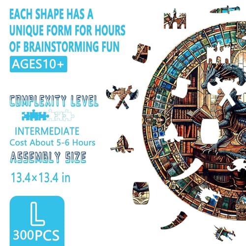 Rompecabezas de madera Dragon's Library para adultos, 300 piezas, 13.4 x 13.4 pulgadas | Piezas con forma única de animales, juegos de rompecabezas de dragón y decoración para el hogar, regalos para familiares y amigos miniatura 2