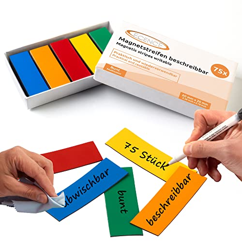 ECENCE Magnetstreifen beschreibbar 75 Stück - 60x20mm - abwischbare Magnetschilder - Magnet-Etiketten zuschneidbar für Whiteboards, Kühlschränke, Magnettafeln - bunt ECENCE Magnetstreifen beschreibbar 75 Stück - 60x20mm - abwischbare Magnetschilder - Magnet-Etiketten zuschneidbar für Whiteboards, Kühlschränke, Magnettafeln - bunt