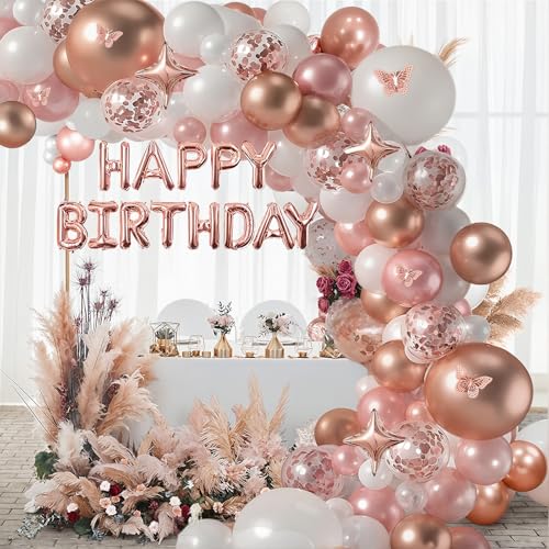Arco de Globos Decoracion Cumpleaños Mujer. 133 pcs con Mariposas Decorativas, Banner Happy Birthday, Globos Rosa Dorado, Naranja y Globos Estrella. Decoración Baby Shower Niña y Guirnalda Cumpleaños