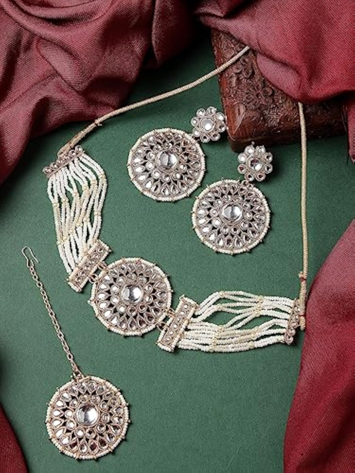 Kundan & Beads Choker Necklace Set With Earring & Maangtika
