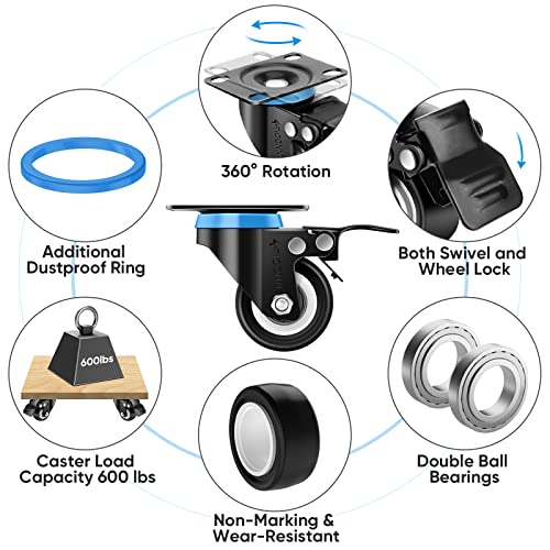 Ticonn 2'' Swivel Caster Wheels Set Of 4, With 4 Safety Brakes, Poly Wheels No Noise Non-Marking, Heavy Duty Plate Casters Set Of 4 (2'') #TOP2