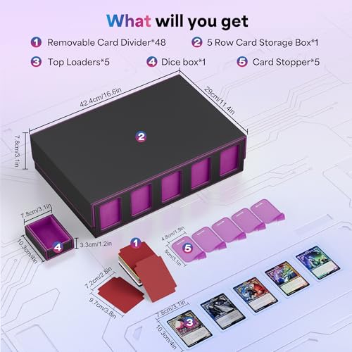 Image of UAONO Trading Card Storage Box with Commander Display;3900+ Card Box for MTG, Removable Cover; 5 Row Case fits MTG TCG Sports Cards 48 Dividers,5 Stoppers,5 Top Loaders,1 Dice Box(Black, Purple)