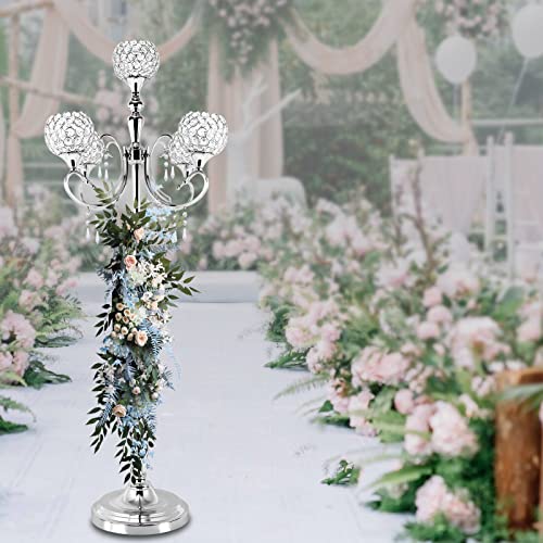 LyeXD 5 Arm Candle Holders Silver Floor Candelabra Wedding Centerpieces, 49 in Tall Candle Holders Wedding Decorations, Crystal Candle Holder for Event, Wedding, Party Decoration