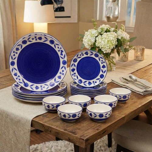 Image of Ceramic Dinner Set, Blue and White Floral Design, 18 Pieces, Microwave and Dishwasher Safe