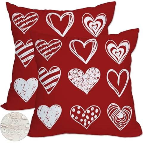 Qinqingo Valentines Day Outdoor Waterproof Pillow Covers 16x16 Inch Set of 2 Red White Love Heart Combination Throw Pillow Covers Valentines Day Decor Pillow Cases for Patio Garden Cover