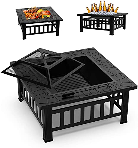 Fire Pit 32 Inches Outdoor Firepits Wood Burning Fire Pits Table Square Patio Fire Pit for Outside BBQ Garden Stove with Spark Screen Cover and Poker