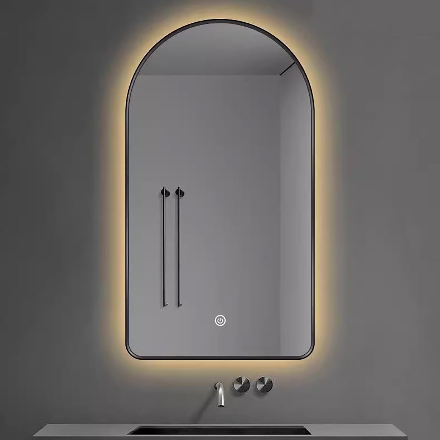 Miroir mural arqué avec cadre noir et éclairage LED dimmable luxe