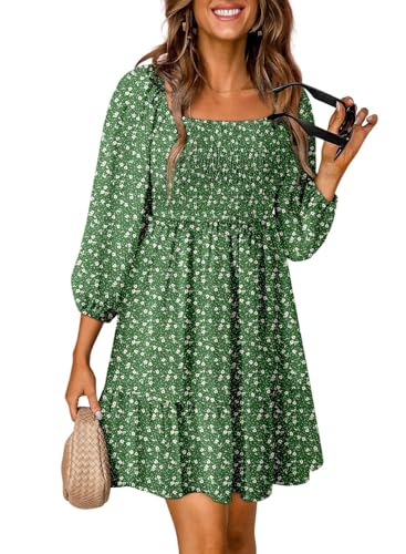 Image of Dokotoo Fall Dresses for Women 2025 Boho Floral Square Neck Smocked 3 /4 Sleeve Casual A-Line Swing Mini Dress Sundress