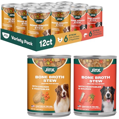 Jinx Bone Broth Stew for Dogs Variety Pack - Chicken & Salmon Recipes - Grain-Free Wet Dog Food & Topper for Picky Eaters - Promotes Lean Muscle Growth Healthy Coat & Digestion - 13 Oz 12 Pack