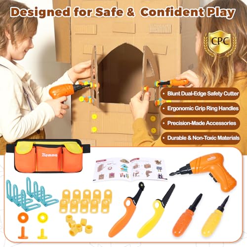 Image of Kids Cardboard Construction Tool Set with Electric Drill & Tool Belt -258PCS, STEM Building Kit for Creative Craft Projects, Educational DIY Engineering Toy for Boys & Girls