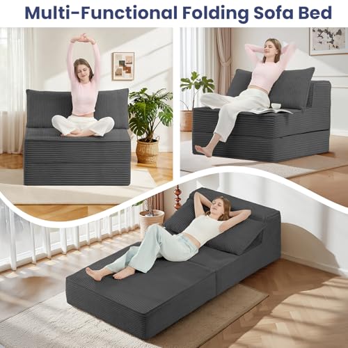 Image of Erament Folding Sofa Bed, 8 inch Convertible Sleeper Sofa Fold Out Chair Bed with Pillow, Portable Floor Couch Lounge Sofa for Living Room Bedroom Guest Room, Grey