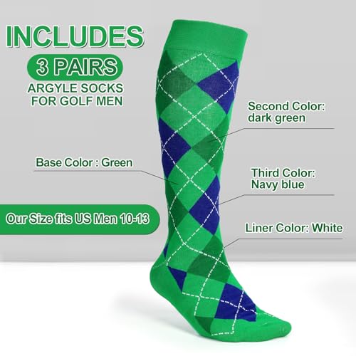 3 Pairs Knee High Argyle Golf Socks for Men Cotton Golf Socks for Tartan Trousers Golf Tournament Father's Day Gift - Image 4