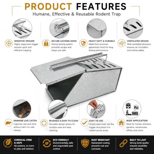 Image of Pure Source India Heavy Duty Galvanized Metal Rat Trap Cage | Humane Live Catch Rodent Trap | Reusable Mouse Catcher for Home, Kitchen, Warehouse, Garden & Farm