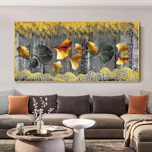 Peinture sur toile plumes dorées décoration murale affiche salon 40x80cm